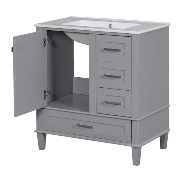 30 in. W x 18.3 in. D x 34 in. H Gray Bath Vanity in Freestanding Solid Wood Frame, Top with White Ceramic Basin