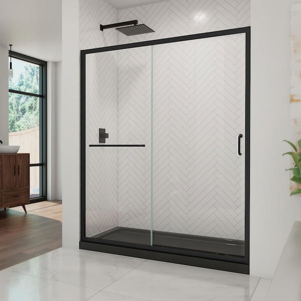 DreamLine Infinity-Z 60 in. W x 74-3/4 in. H Sliding Semi-Frameless Shower Door in Matte Black with Clear Glass and Base