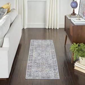 57 Grand Machine Washable Light Grey/Blue 2 ft. x 8 ft. Bordered Traditional Kitchen Runner Area Rug