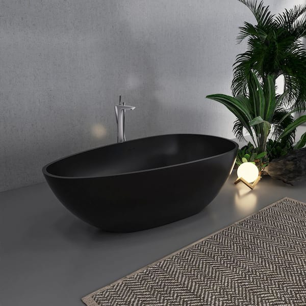 Moray 59 in. x 30.7 in. Solid Surface Stone Resin Flatbottom Freestanding Soaking Bathtub in Matte Black