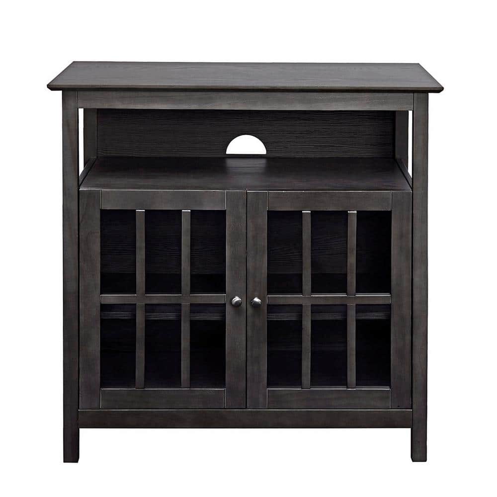 Weathered Gray Solid Wood Highboy TV Stand with Cabinet