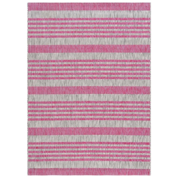 SAFAVIEH Courtyard Light Gray/Fuchsia 5 ft. x 8 ft. Geometric Striped Indoor/Outdoor Area Rug