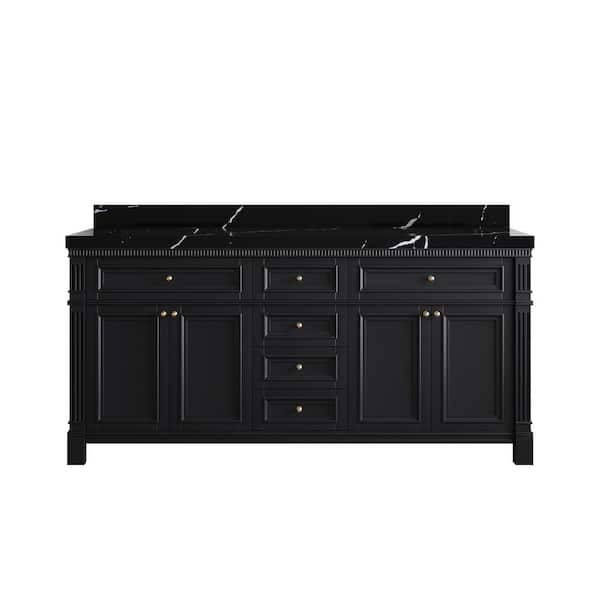 Willow Collections Paris 72 in. Double Sink Freestanding White Bath Vanity with Calacatta Black Qt. Top