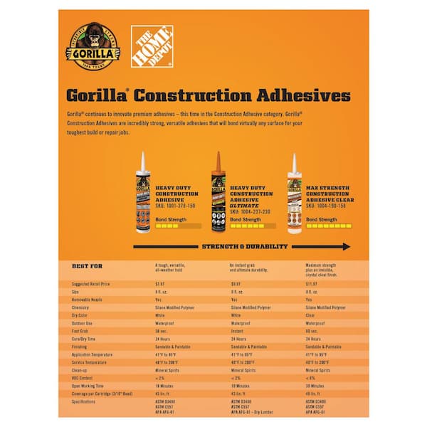 Gorilla Heavy Duty Ultimate Construction Adhesive, 9 Ounce Cartridge, White, (Pack of 6)