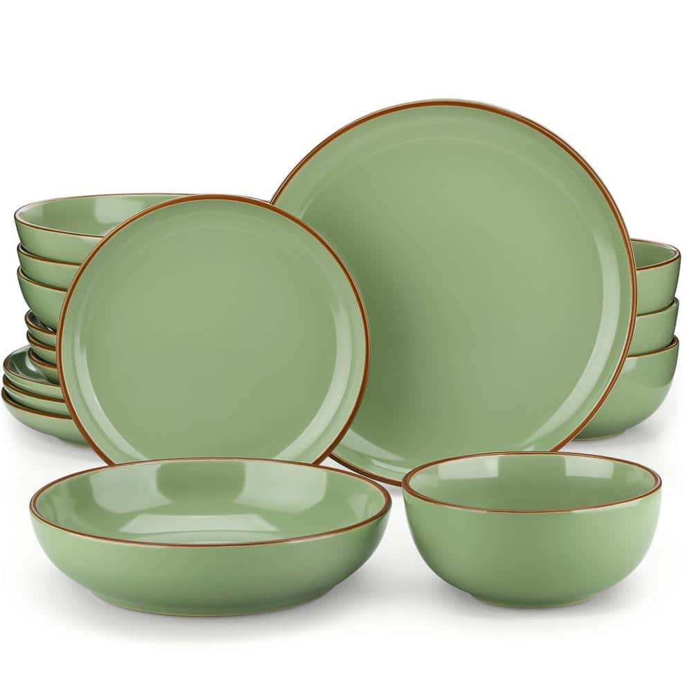 MALACASA 16 Piece Modern Stoneware Dark Green Dinnerware Set