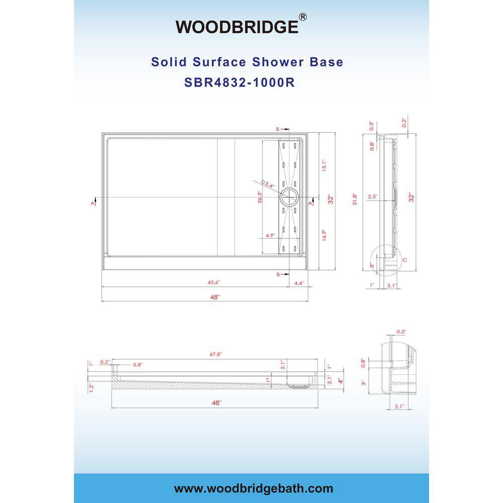 48" White Rectangular Shower Pan with Matte Black Drain Cover