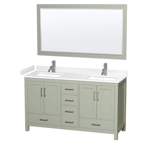 Wyndham Collection Sheffield 60 in. W x 22 in. D x 35 in. H Double Bath Vanity in Light Green w/White Cultured Marble Top and 58 in. Mirror