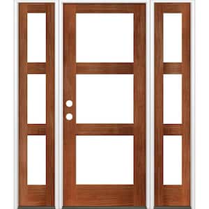 60 in. x 80 in. Modern Hemlock Right-Hand/Inswing 3-Lite Clear Glass Red Chestnut Stain Wood Prehung Front Door with DSL