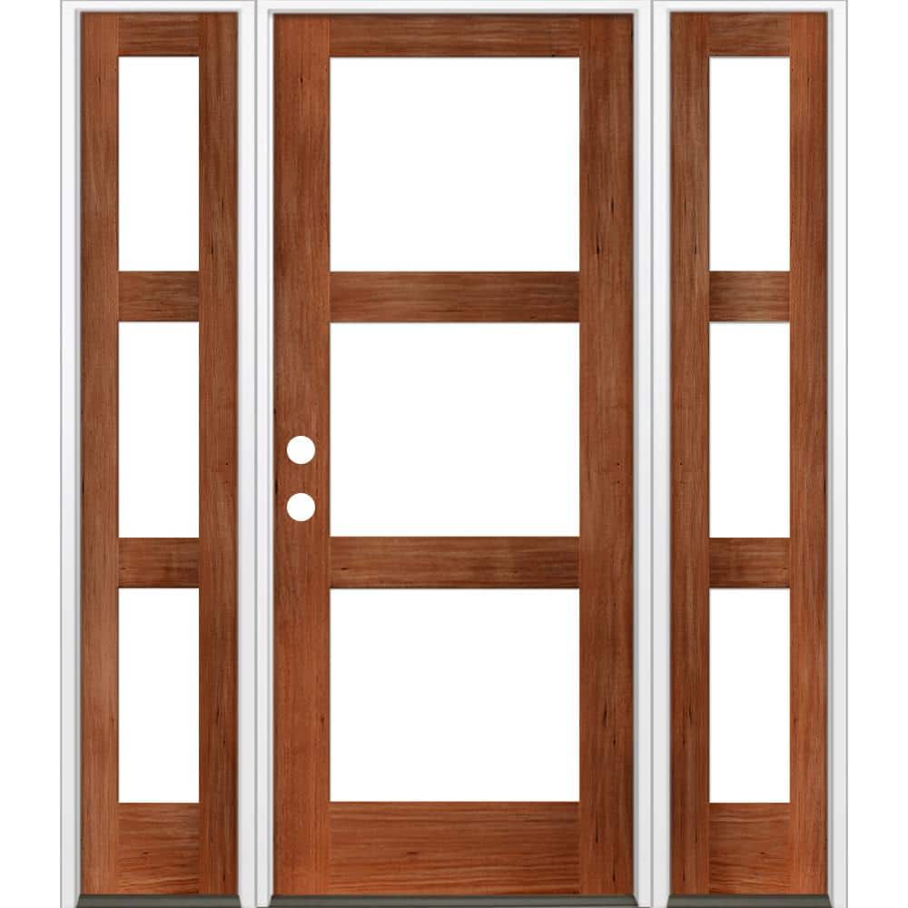 64 in. x 80 in. Modern Hemlock Right-Hand/Inswing 3-Lite Clear Glass Red Chestnut Stain Wood Prehung Front Door with DSL price history on PriceWatchPro