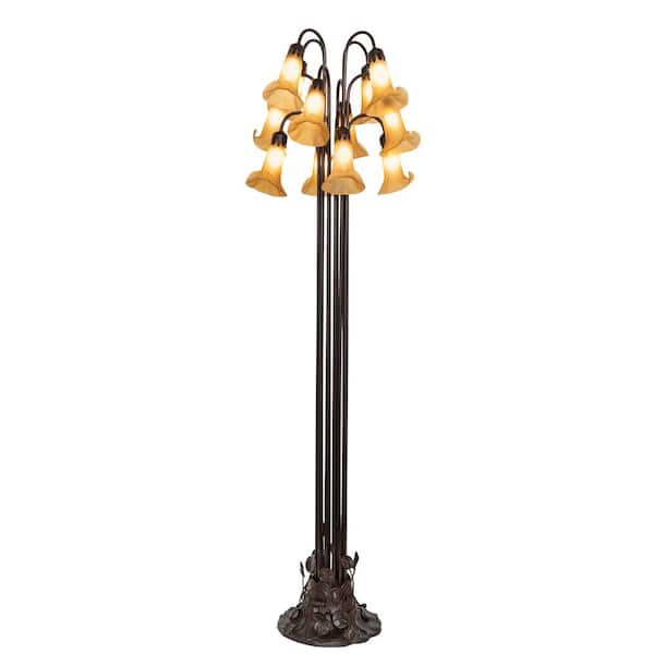 MEYDA Pond Lily 63 in. Mahogany Bronze Victorian 12 Light Dimmable Armed Floor Lamp with Glass Cylinder Shade
