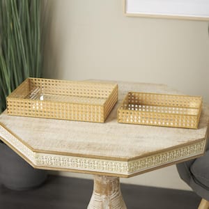 Brown Rattan Woven Decorative Tray with Mirrored Glass Interior (Set of 2)