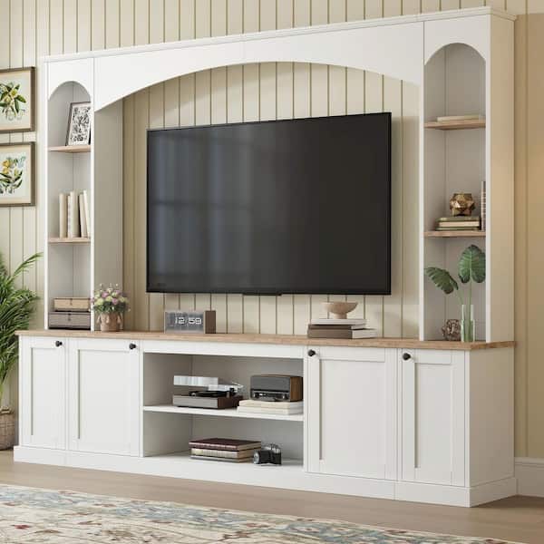 White Elegant Arched Wood Grain Entertainment Center Wall Unit Fits TVs Up to 70 in. with Bookshelf, Media Console