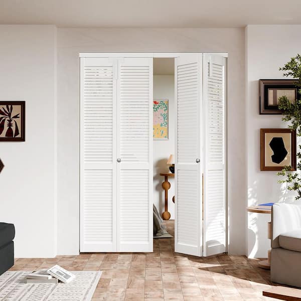 60 in. x 80 in. Full-Panel Louver Solid Core White PVC Covering MDF Wood Bi-fold Door with Lock, Handle and Hardware