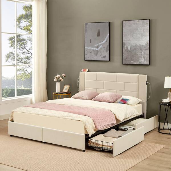 Fabric Platform Bed No Box Spring Light Gray UNIZONE Queen With Tufted ...