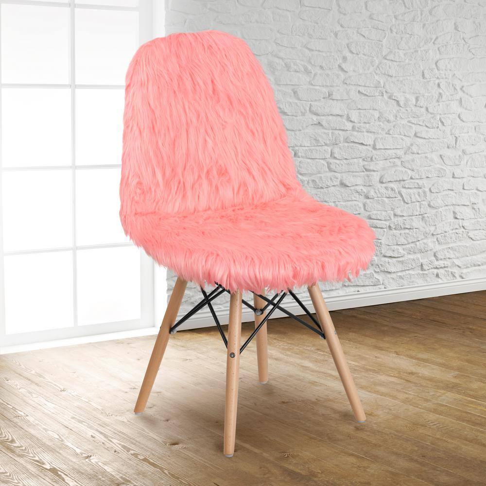 Hermosa Pink Faux Fur Accent Chair with Beechwood Base