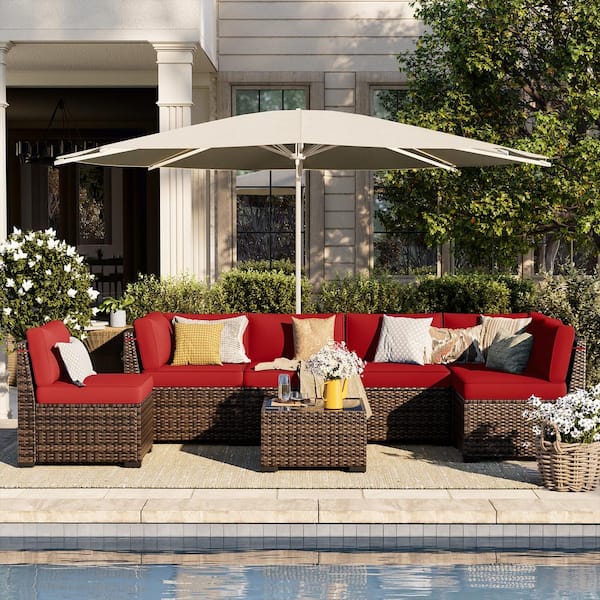 Poteban 7-Piece Brown Wicker Patio Conversation Set with Red Cushions