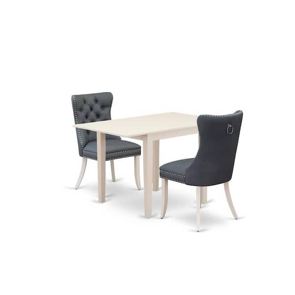 East West Furniture 3-Piece Linen White Finish Rectangular Solid Wood Top with Dropleaf Dining Table Set