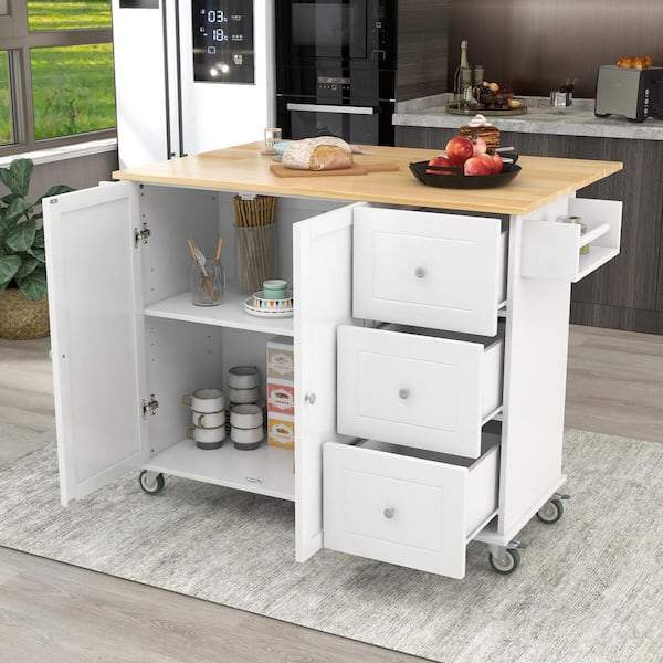 White Foldable Rubber Wood Drop-Leaf Countertop 53.1 in. W Kitchen Island  on Wheels with Storage Cabinet EC-WF298028AAW - The Home Depot