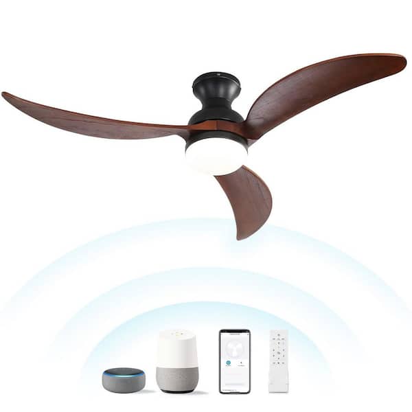 Sofucor 52 in. Indoor/Outdoor Flush Mount Smart Black Ceiling Fan Wood Blades with LED Light and 6-Speed Remote