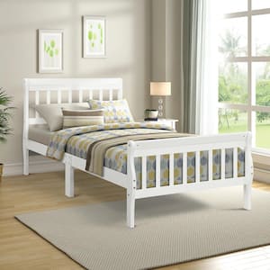 White Wood Frame Twin Size Platform Bed, Sleigh Bed with Vertical Hollow Strip Shape Headboard and Footboard