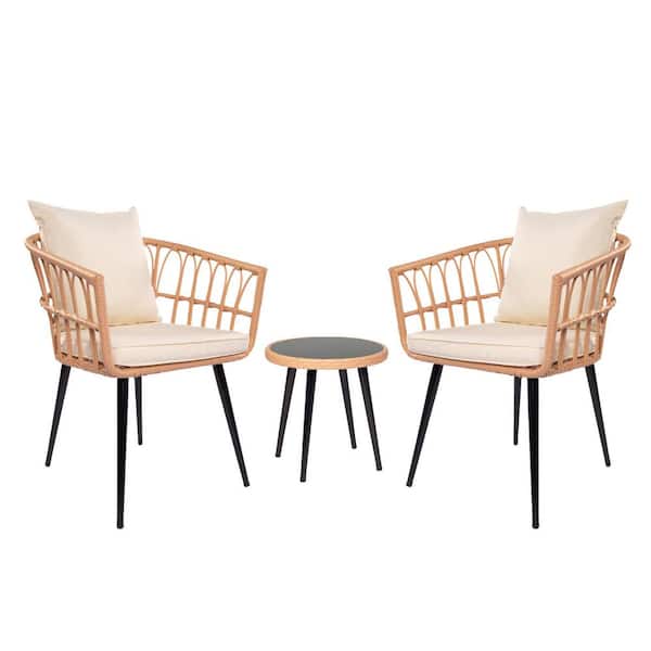 JimsMaison 3-Piece Wicker Patio Conversation Set with Beige Cushions