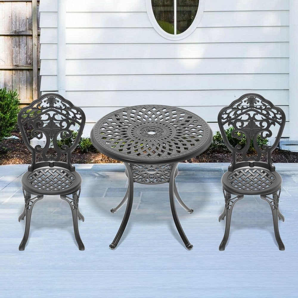 Black 3-Piece Cast Aluminum All-Weather Round Outdoor Dining Set with Umbrella Hole durable construction price history on PriceWatchPro