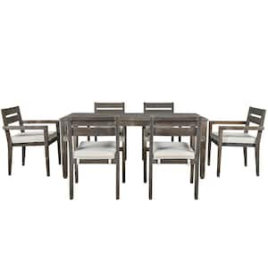 7-Piece Wood Outdoor Dining Set, Dining Table And Chairs Set with Beige Cushion For Patio Backyard Kitchen Dining Room