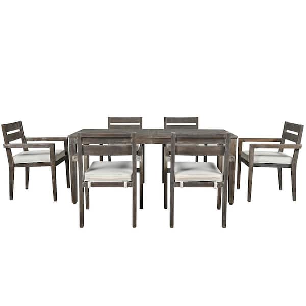 Unbranded 7-Piece Wood Outdoor Dining Set, Dining Table And Chairs Set with Beige Cushion For Patio Backyard Kitchen Dining Room