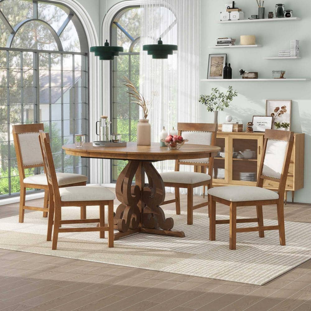 5-Piece Retro Walnut Extendable Wood Top Dining Room Set Seats 4