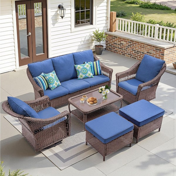 Buenaola 6-Piece Brown Swivel Wicker Patio Conversation Set with Glider Chairs, Outdoor Sofa Couch Set with Blue Cushions