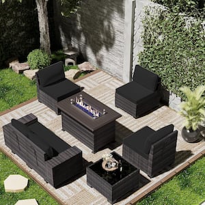 7-Piece Wicker Patio Fire Pit Set with 55000 BTU Gas Fire Pit Table, Coffee Table, Glass Wind Guard and Cushion Black