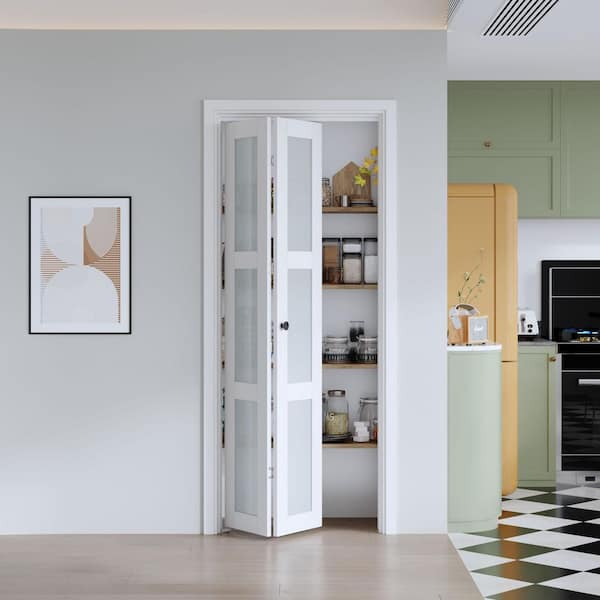 28 in. x 80 in. 3 Lite Frosted Glass White Finished Solid MDF Bi-Fold Door with Hardware Kit
