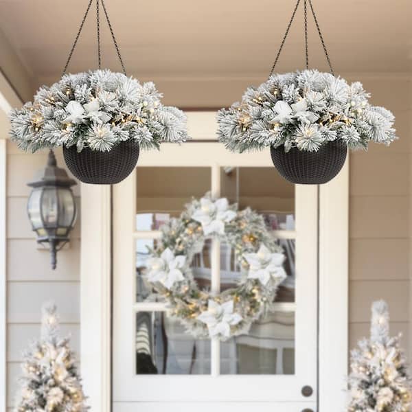 Glitzhome White Poinsettia 3-Piece Pre-Lit LED Wreath & Garland