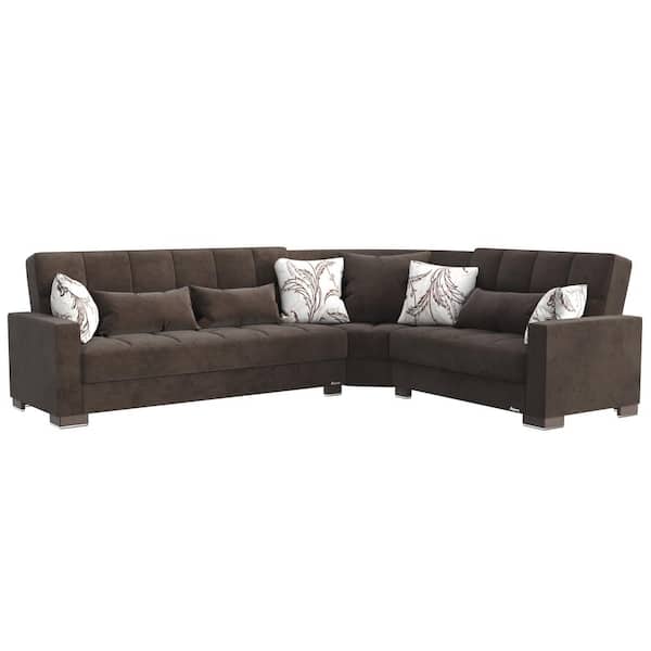 Ottomanson Basics Collection 3-Piece 108.7 in. Microfiber Convertible Sofa Bed Sectional 6-Seater With Storage, Brown