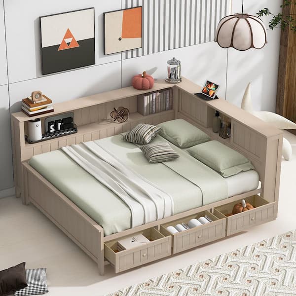 Antique White Milk Full Size Wood Frame Daybed with 3-Drawers, Storage Shelves, Sliding Doors