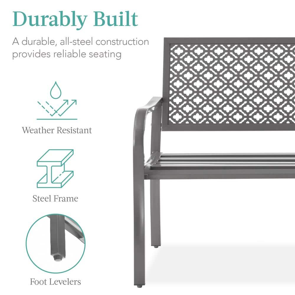 Gray Steel 2-Person Outdoor Garden Bench with Geometric Backrest