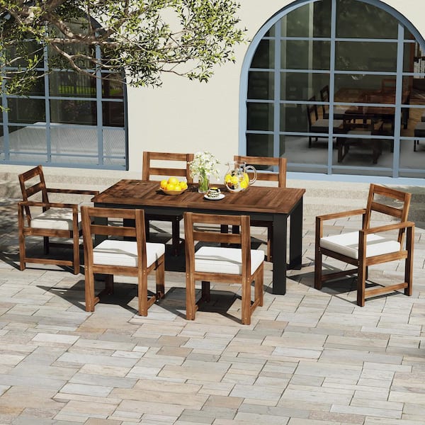 Brown 7-Piece Wicker Outdoor Dining Set with Beige Cushions and Umbrella Hole for Garden, Backyard