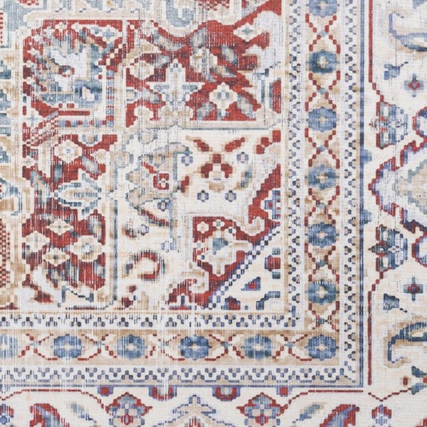 5' X 7' Red and Ivory Floral Medallion Distressed Non Skid Area Rug