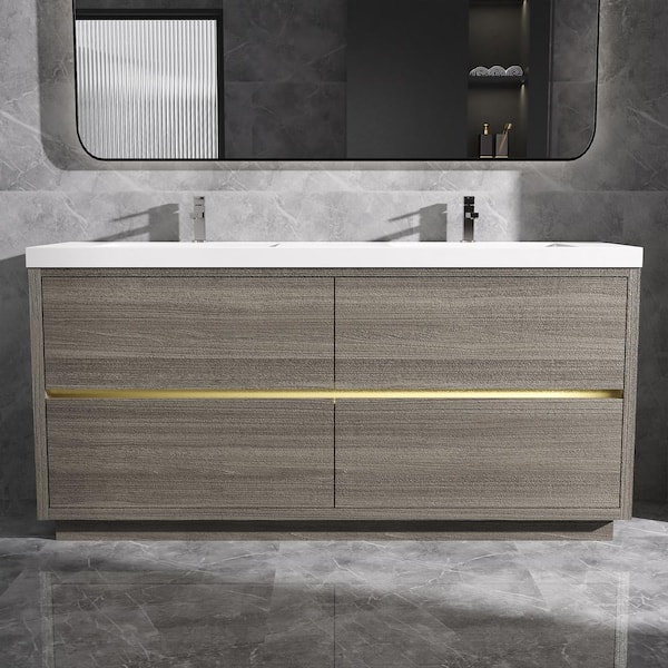 72 in. Freestanding Bath Vanity in Ash Grey with Double Solid Surface Sink Top in White