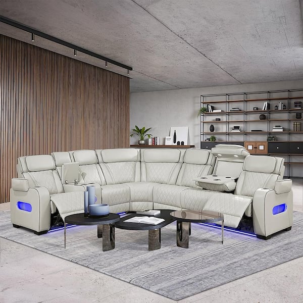 Clumber 128 in. Pillow Top Arm Faux Leather 3-Piece Power Reclining Sectional Sofa with Left Side Console in. Taupe