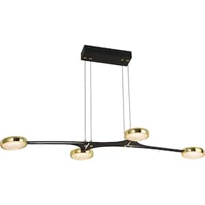 4-Light Black and Gold Modern Linear Beaded Integrated LED Pendant Light with Round Acrylic Shades