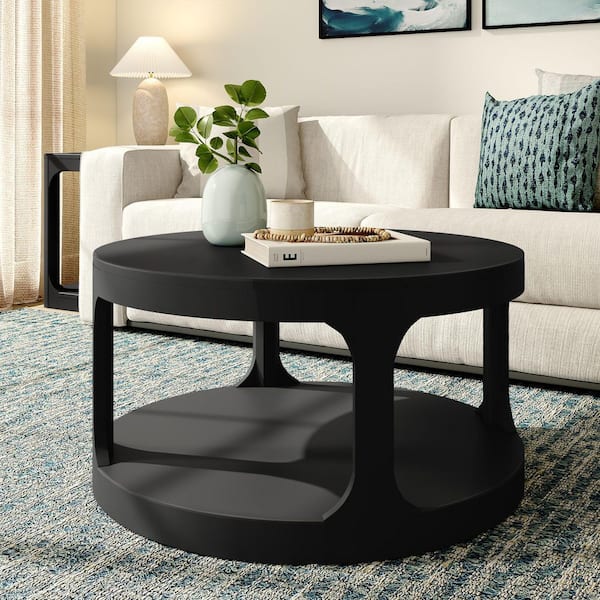 Forma 34 in. Black Round Wood Coffee Table with Shelf