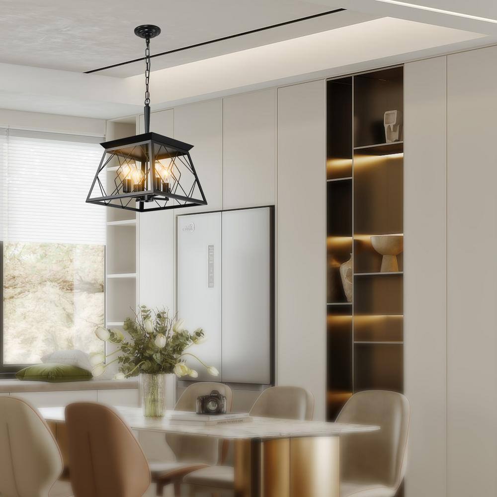 Black Metal Square Lantern Pendant Chandelier with Adjustable Chain