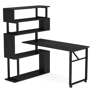 Lantz 47.24 in. L Shaped Black Wood and Metal Rotating Computer Desk with 5 Shelves Bookshelf