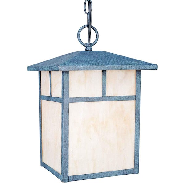 13.5 in. 1-Light Verde Green Outdoor Lantern Box Pendant Light with Honey Opal Glass