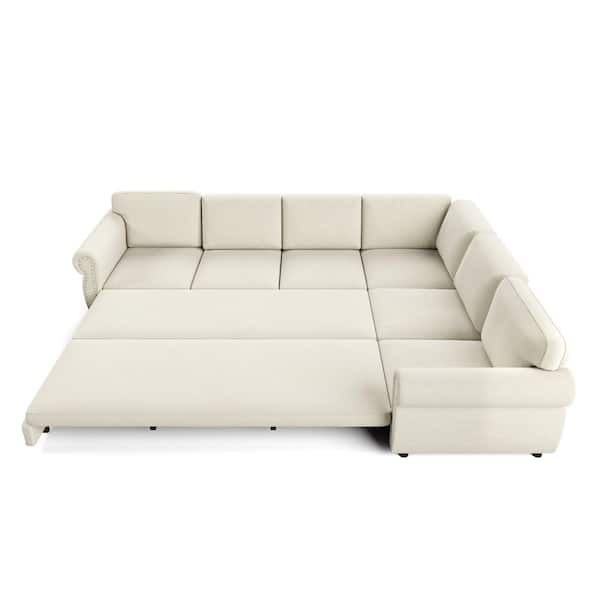 Oversize Convertible 118 in. Chenille Fabric Sectional Sofa in. Beige with Nail head Trim, Pull-out Sofa Sleeper