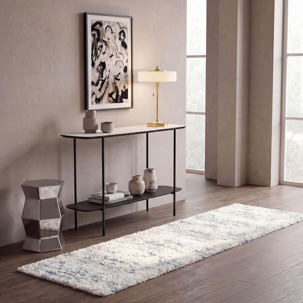 Fontana Shag 2 ft. x 20 ft. Ivory/Teal Striped Distressed Runner Rug