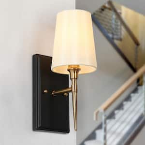 1-Light Modern Brass-Plated Indoor Wall Sconce, Farmhouse Fabric Bathroom Vanity Light, Classic Black Wall Light