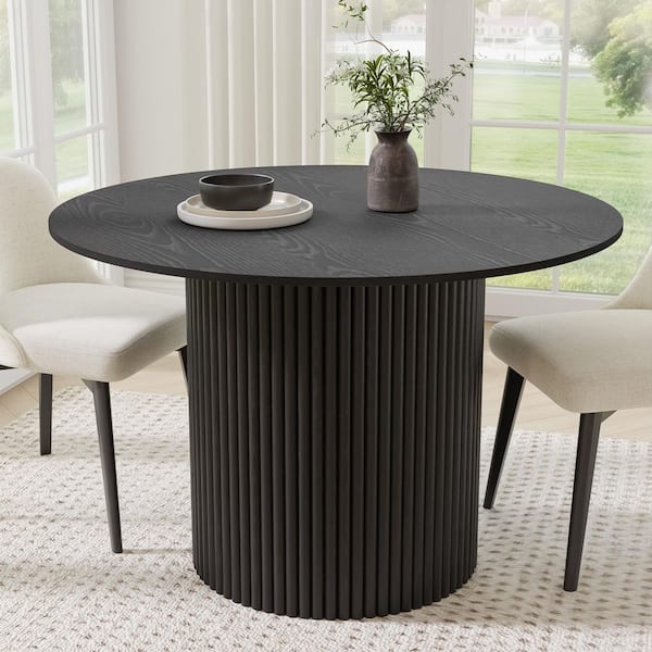 Modern Round Oak Wood Top Black Wood Color 46 in. Column Base Dining Table Seats-4