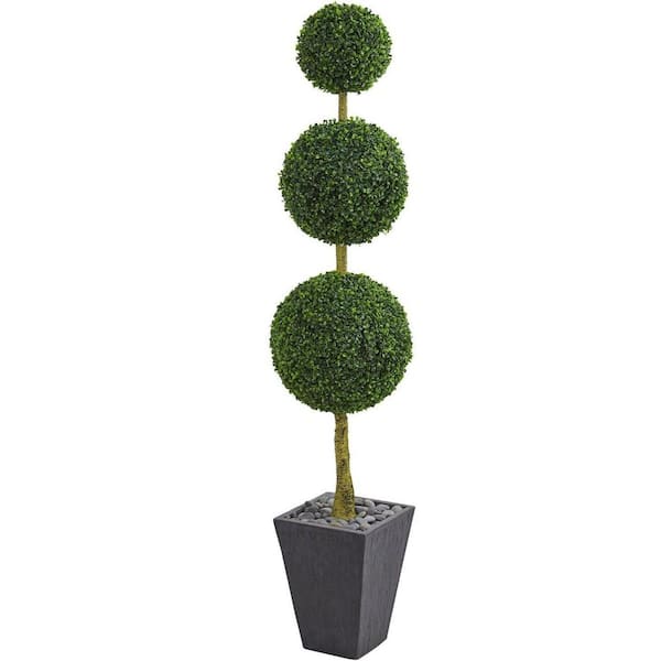 6 ft. Artificial Boxwood Triple Ball Topiary Tree in Slate Planter UV Resistant (Indoor/Outdoor)